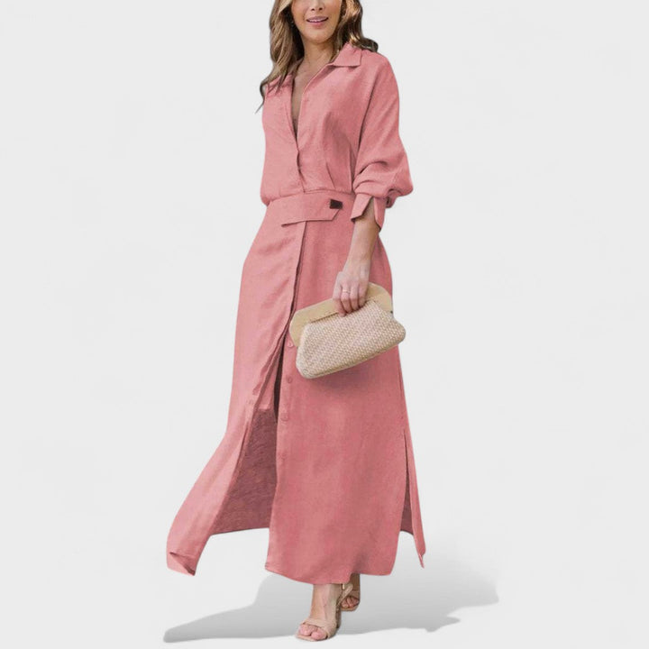 Гордана - Елегантна дълга рокля с V-образно деколте