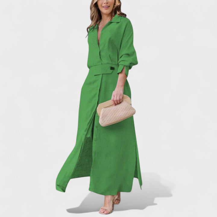 Гордана - Елегантна дълга рокля с V-образно деколте