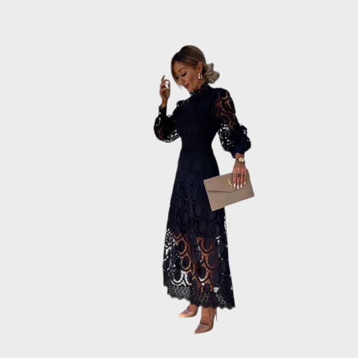 Даница - Чипкана рокля с обемни ръкави и висок яка