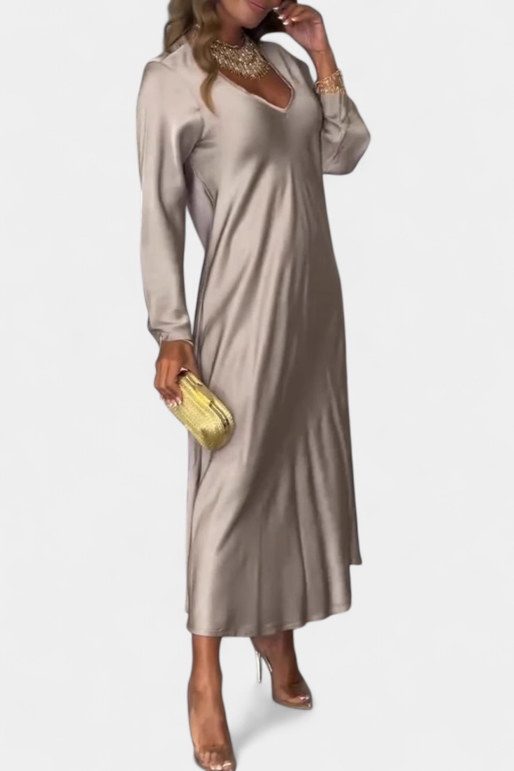 Мартинa Плавна Рокля с V Изрез и Дълги Ръкави