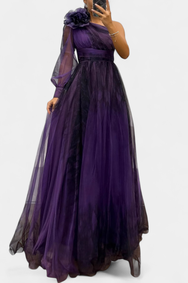 Наталия Макси Рокля от Шифон с Открито Рамо и Обемен Цвете