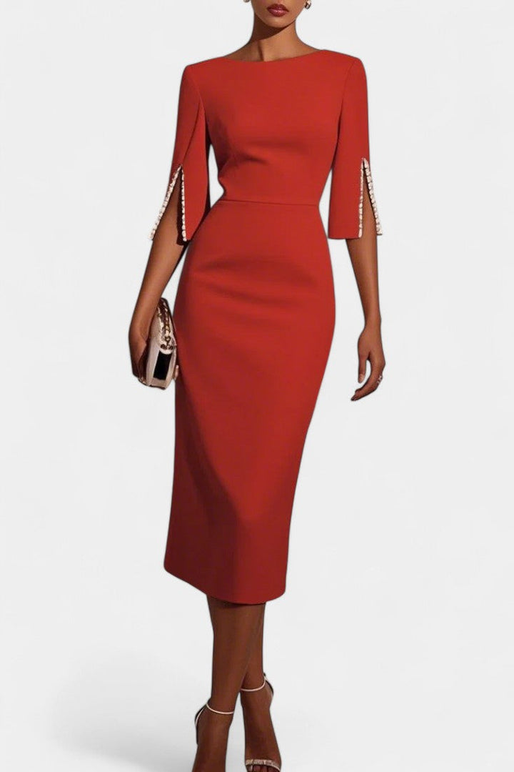 Весна Миди Рокля с Перлени Детайли и Кръгло Деколте