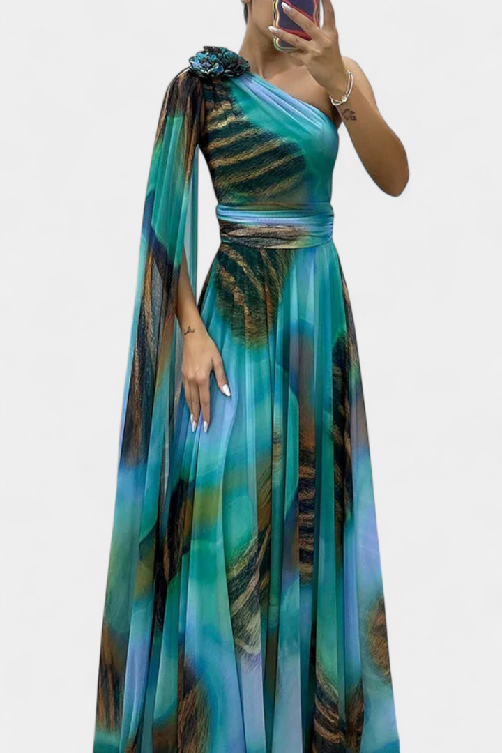 Дълга рокля Нивес с едно рамо и цветен детайл