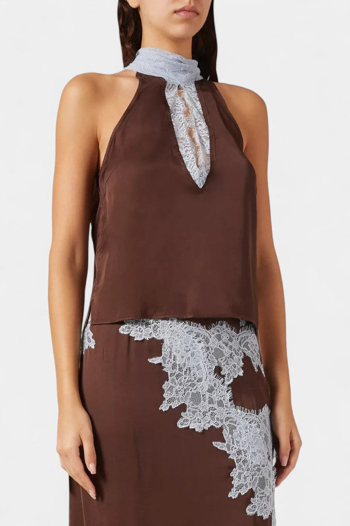 Драгийца Комплект Топ и Пола с Контрастни Чипкови Пана