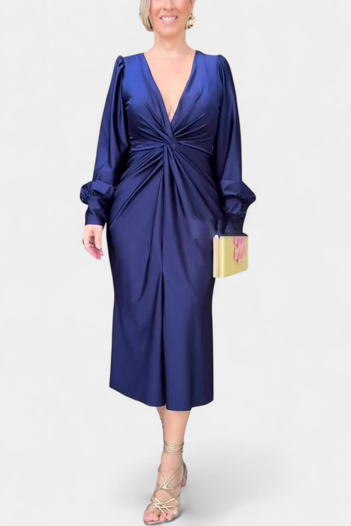 Лена Дълга Рокля с Дълги Ръкави и V-образно Деколте