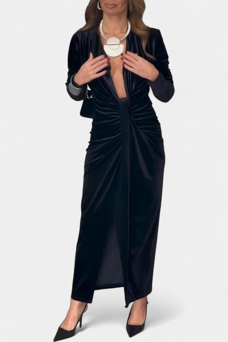 Вилма Дълга Рокля от Златен Бархет с V-Изрез