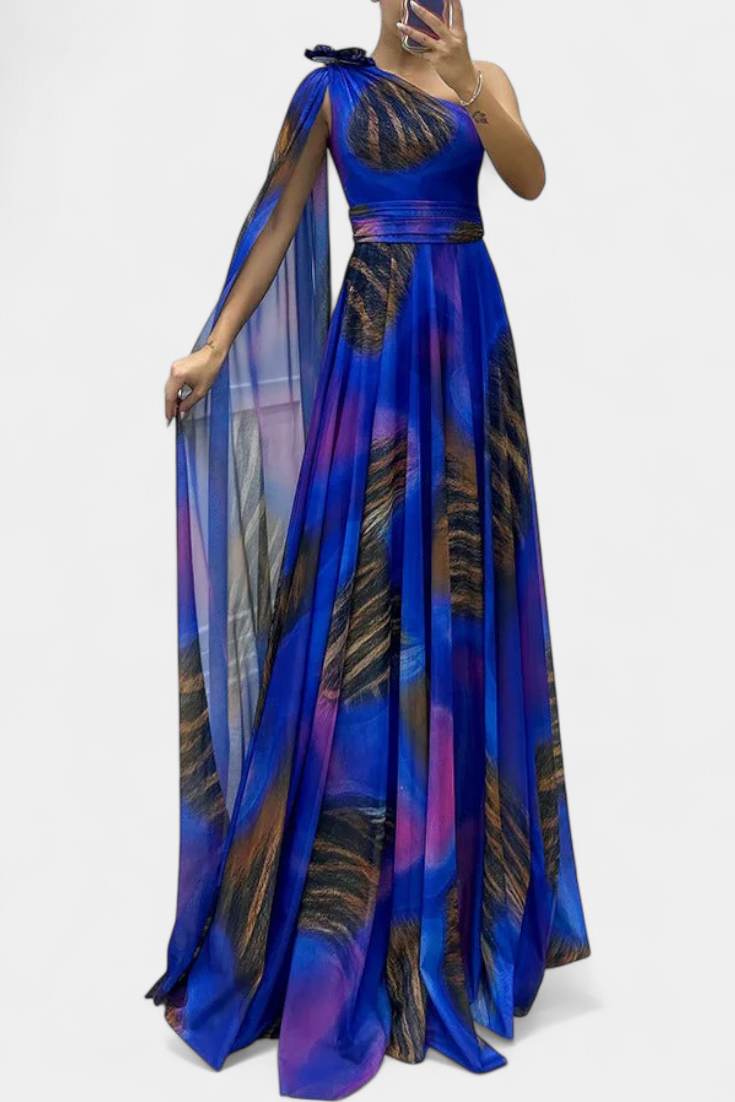 Дълга рокля Нивес с едно рамо и цветен детайл