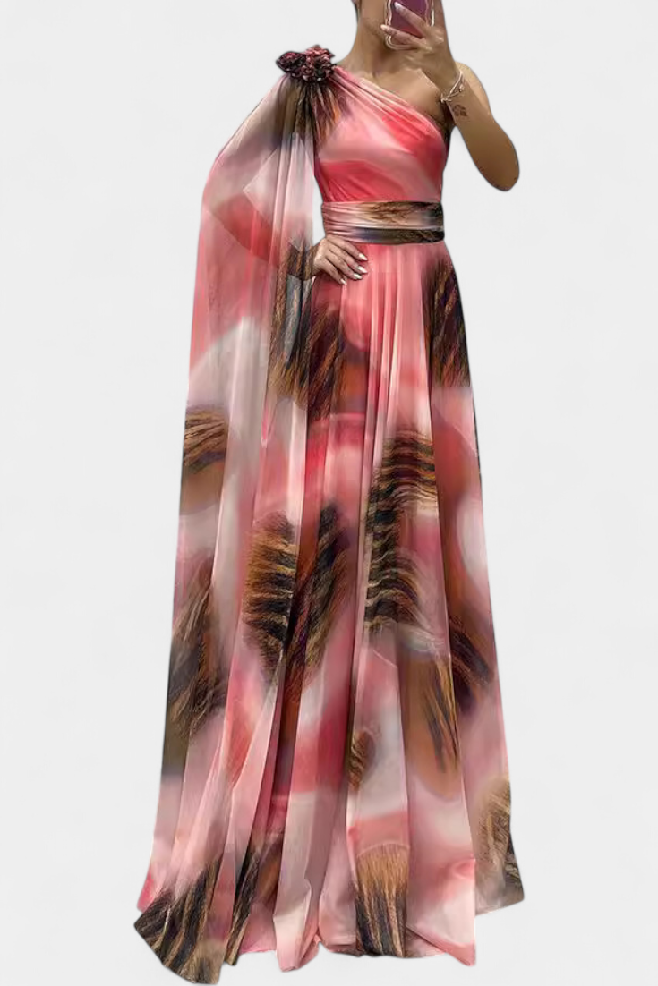 Дълга рокля Нивес с едно рамо и цветен детайл