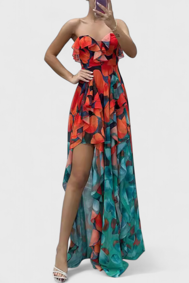 Зринка Макси Рокля без Ръкави с Волани и Градиентно Отворена